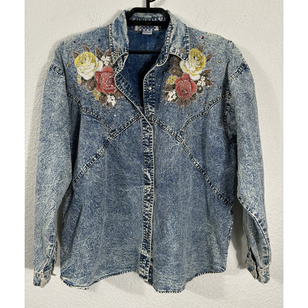 Vintage 80s Acid Washed Denim Shirt Size L Blue Floral‎ Button Up Distressed